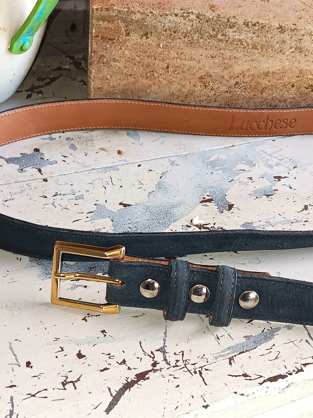 Lucchese Black Suede Leather Belt Gold Buckle 44 waist USA